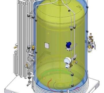 A 3D cryogenic tank with pipes and valves, showcasing an Vacuum Insulation structure.
