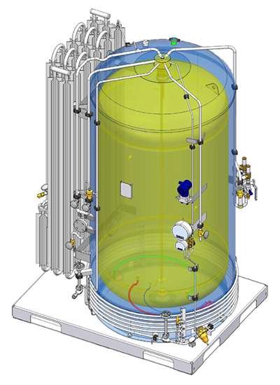 A 3D cryogenic tank with pipes and valves, showcasing an Vacuum Insulation structure.