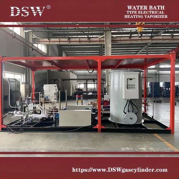 Water bath Vaporizers in factory: A complex network of pipes, tanks, and electrical water heating for industrial use.