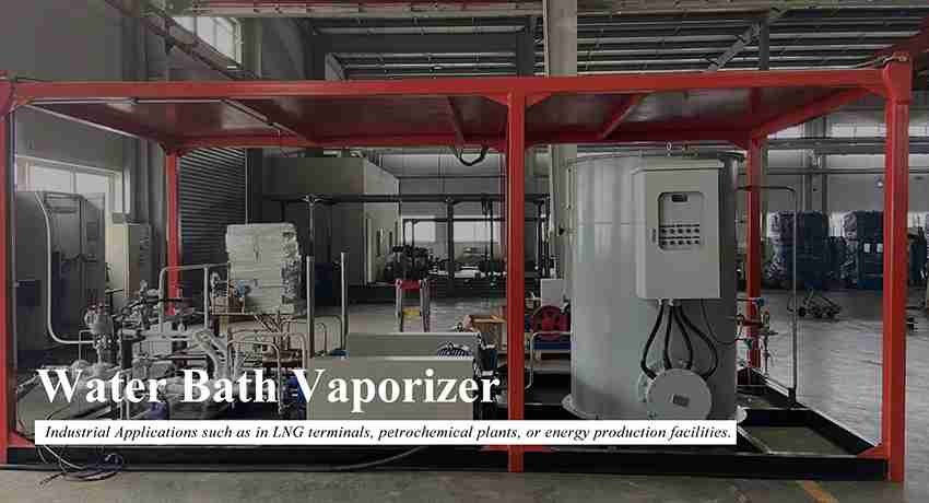 A water bath vaporizer consists of a coiled tube bundle submerged in a heated water vessel.