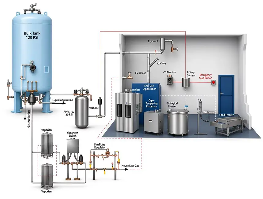 Cryogenic storage system operating process from liquid gas delivery to point of use