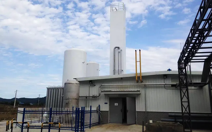 Cryogenic storage tanks and industrial gas equipment at an industrial facility